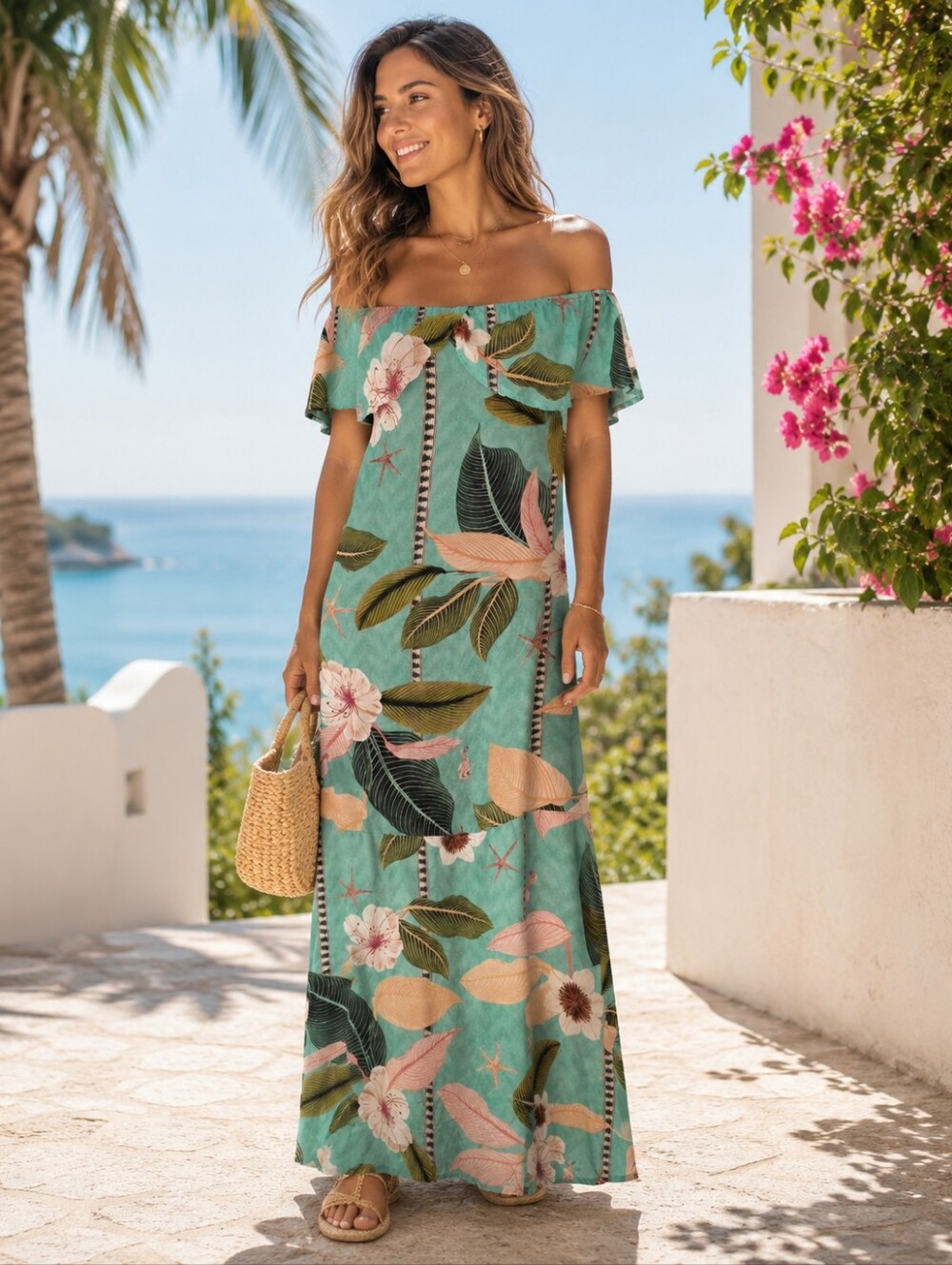 Dossie Tropical Off Shoulder Maxi Dress Small